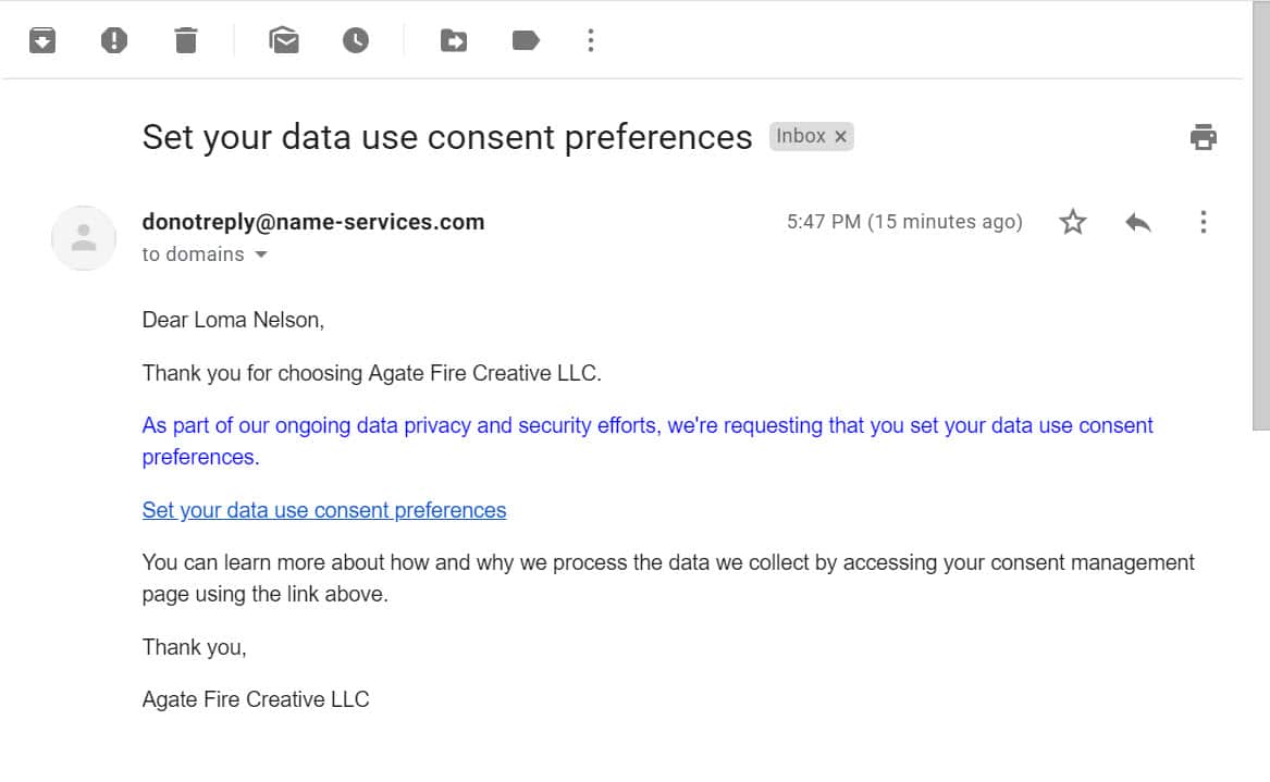 Set your data use consent preferences email